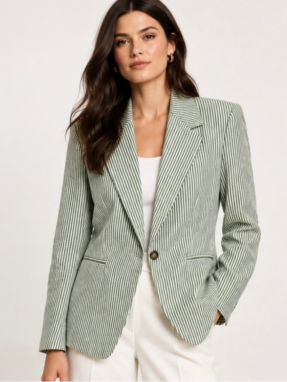 Mint Green Striped Single-Button Blazer